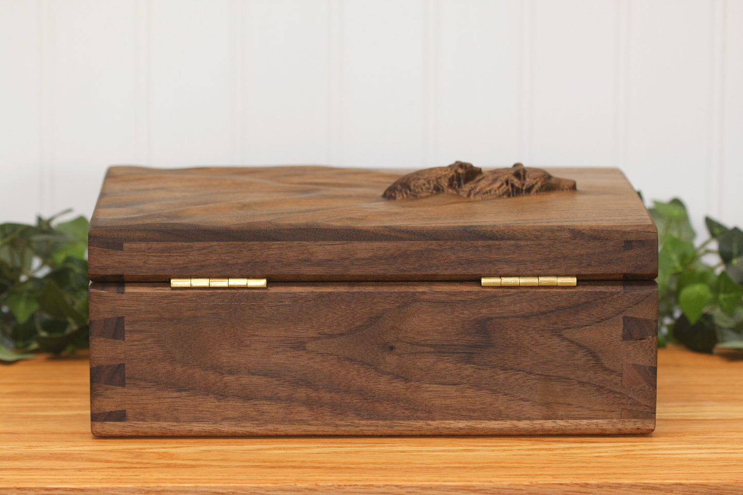 Dovetail Keepsake Box, Black Walnut wood box, Memory Box, Carved Bear in water Box. Cub in water.
