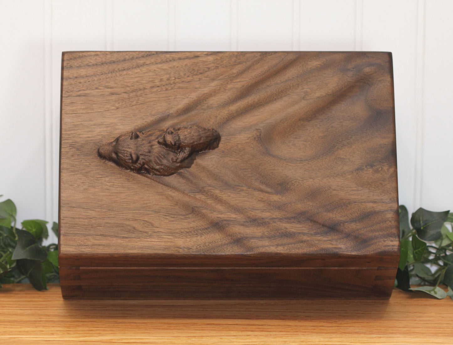 Dovetail Keepsake Box, Black Walnut wood box, Memory Box, Carved Bear in water Box. Cub in water.