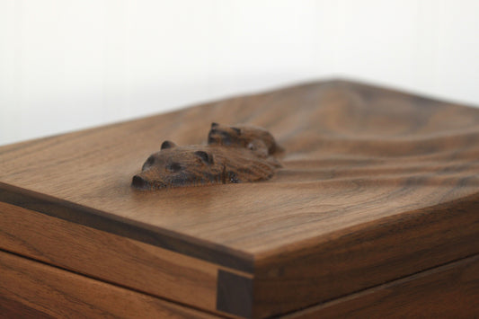 Dovetail Keepsake Box,  Black Walnut wood box, Memory Box, Carved Bear in water Box. Cub in water.